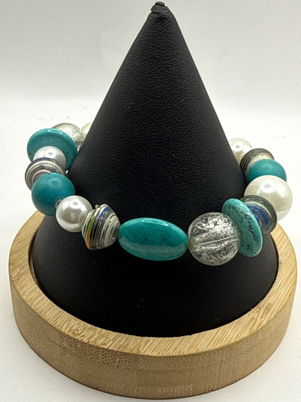 Boho Turquoise & Pearl Beaded Stretch Bracelet Recycled Paper Art Mixed Media